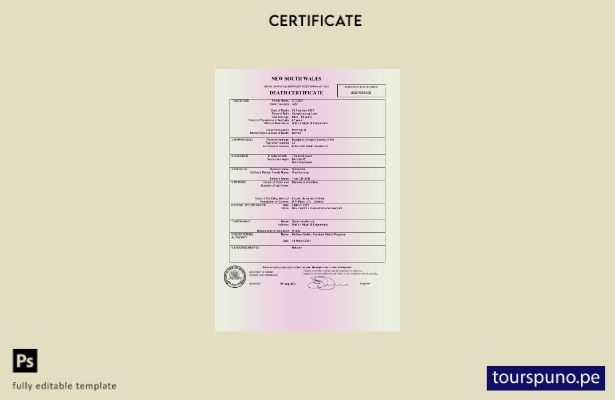 Plantilla de certificado de defunción lista para imprimir de Australia, Nueva Ga